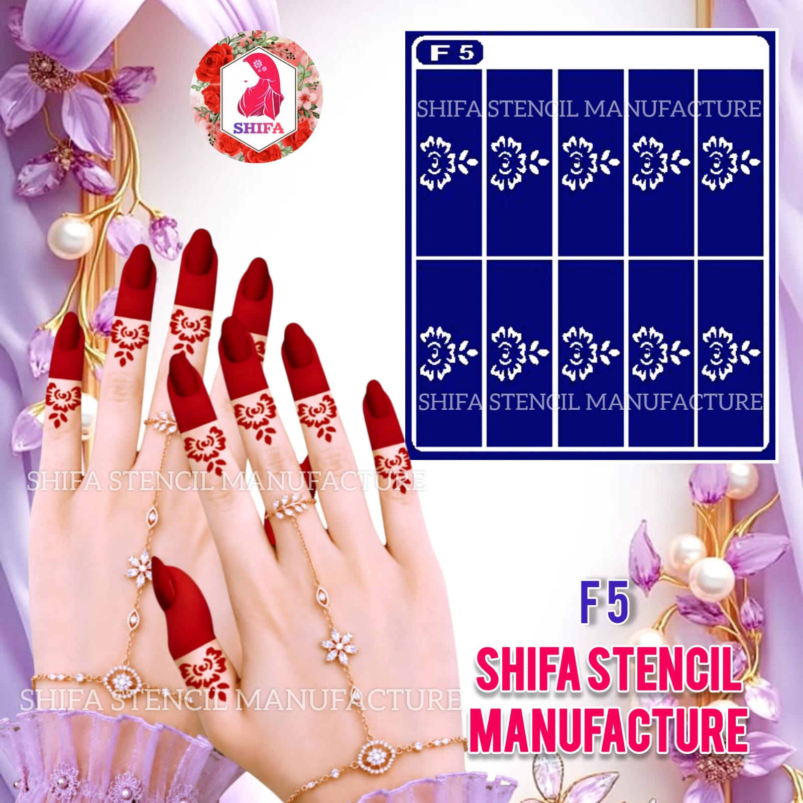 F 5 Blossom Tips Henna Stencil Sticker Overview Henna Stencil - Shifa Stencil